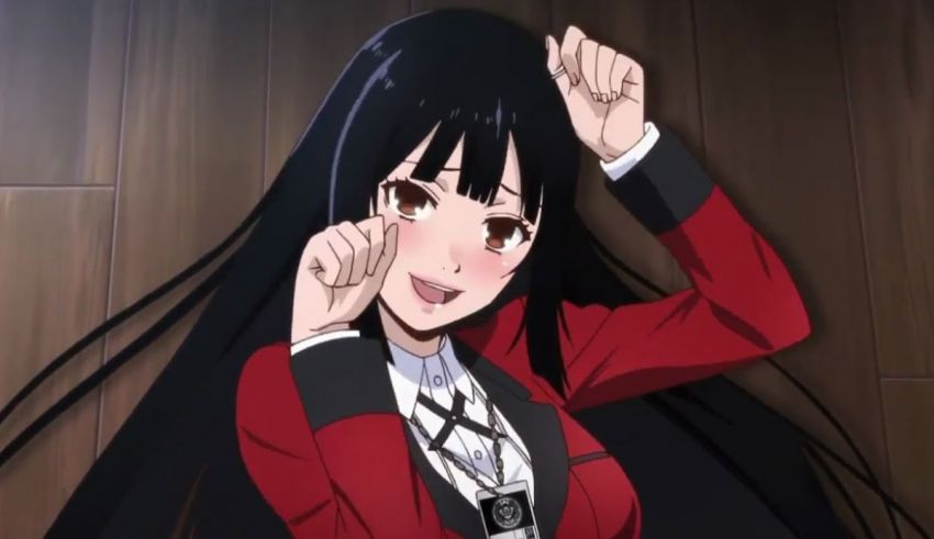 An anime girl with long black hair and a red jacket.