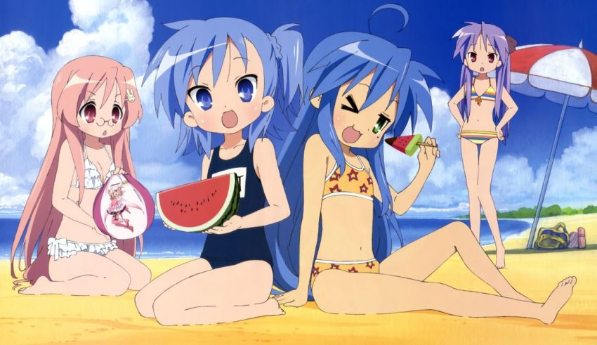 A group of cartoon girls sitting on a beach.