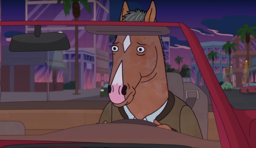 A cartoon horse is driving in a car.