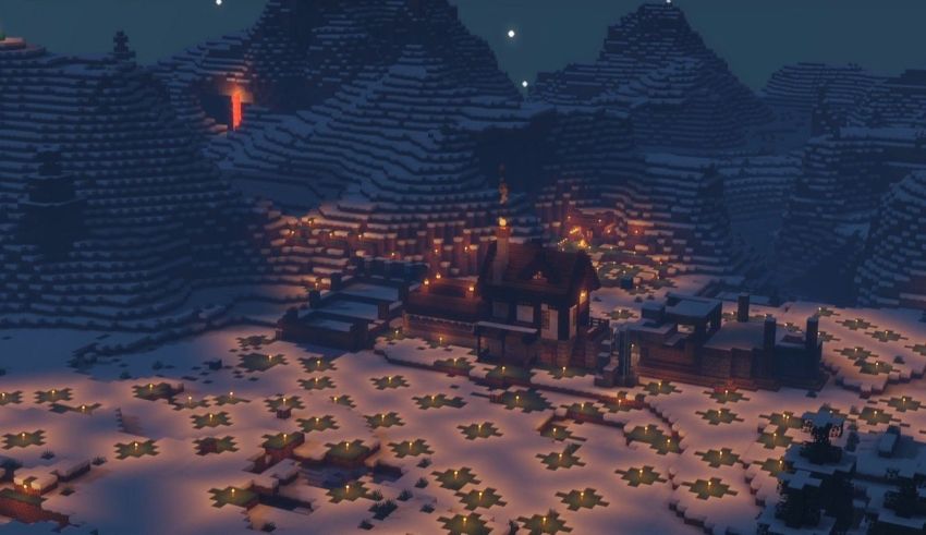 A screenshot of a minecraft village at night.