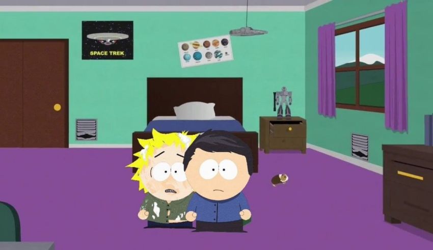 Two cartoon characters in a room in south park.