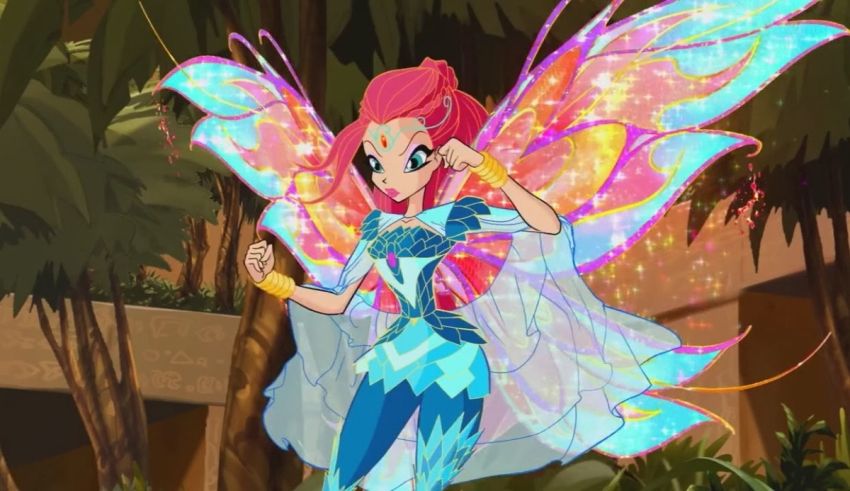 A fairy in a colorful costume standing in a forest.