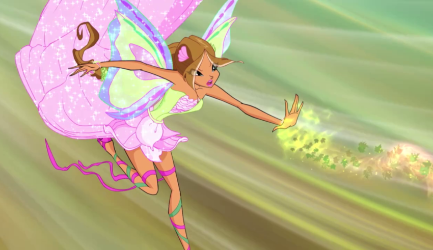 A girl in a pink dress flying through the air.