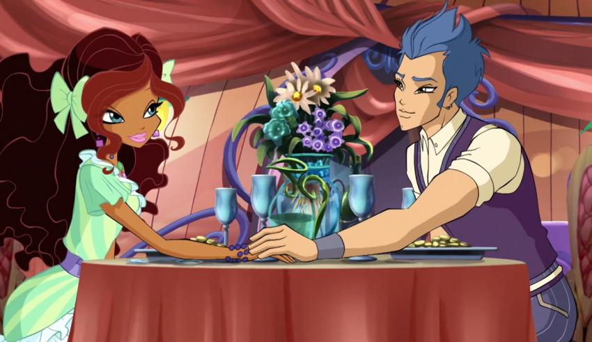 A cartoon couple sitting at a table.