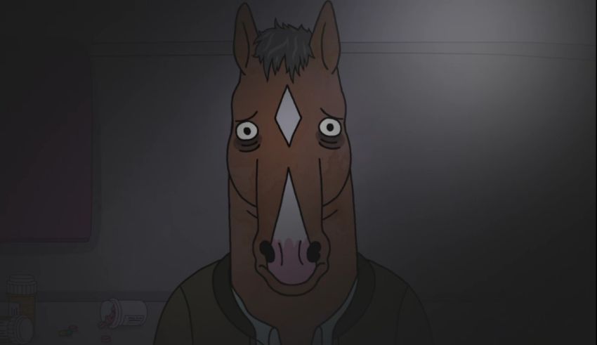 A cartoon horse in a dark room.