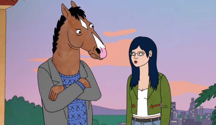 A cartoon woman and a horse standing next to each other.