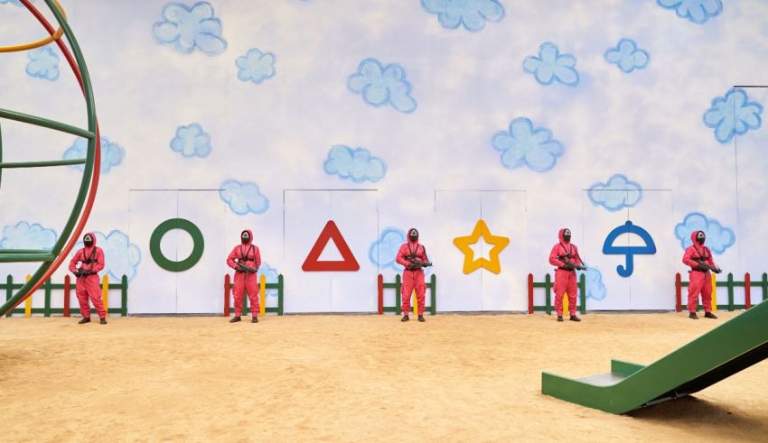 A group of people standing in front of a playground.