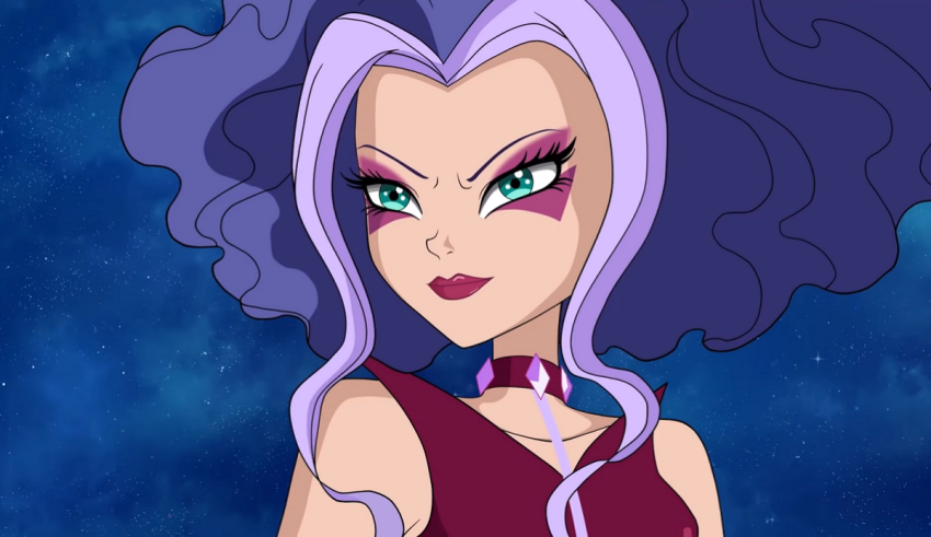 A cartoon character with purple hair and blue eyes.