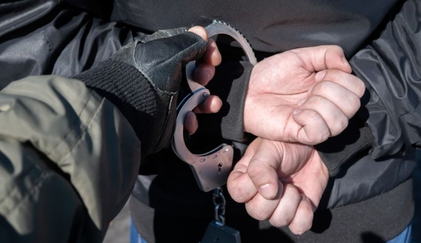 Handcuffs on the hands of a police officer.