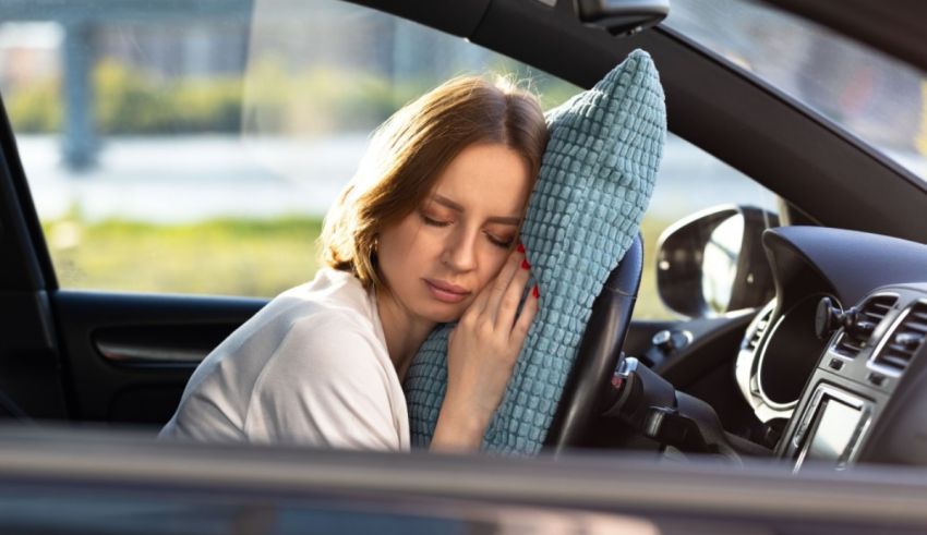 A woman sleeping in a car with a pillow.