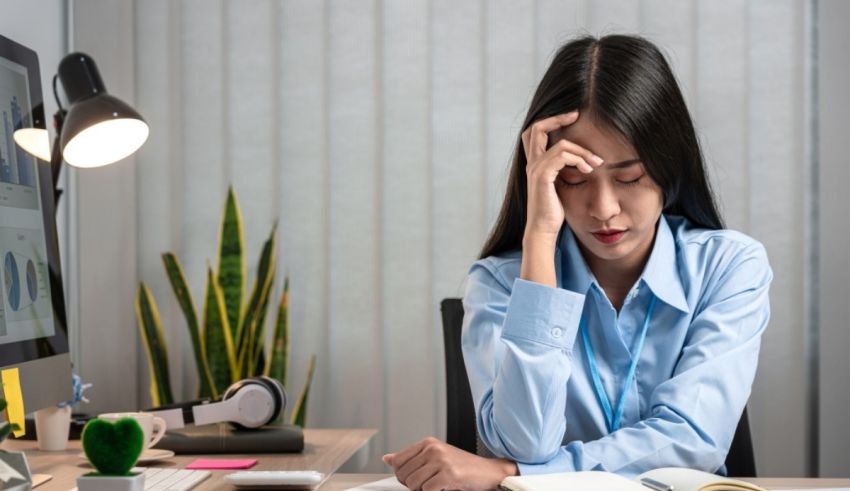 A woman is sitting at a desk with her head on her head.