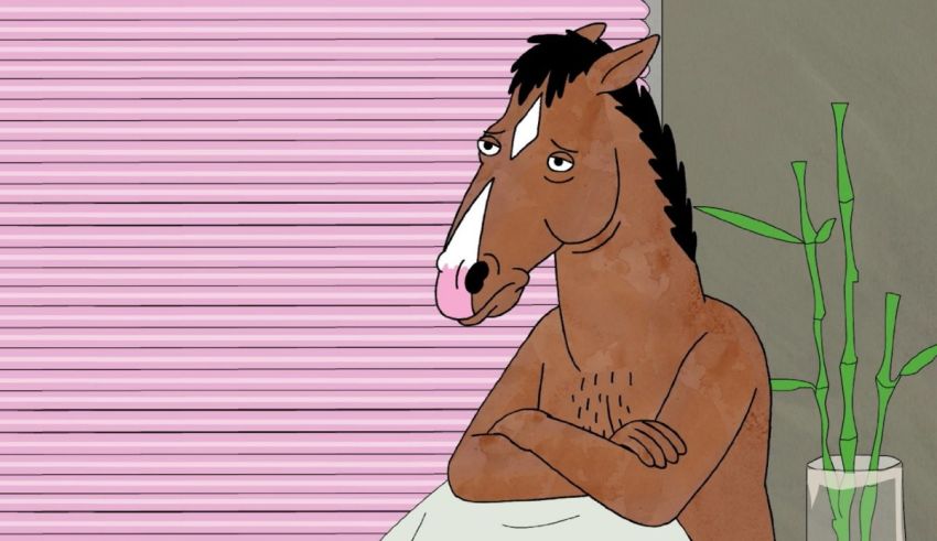 A cartoon horse is sitting in front of a window.