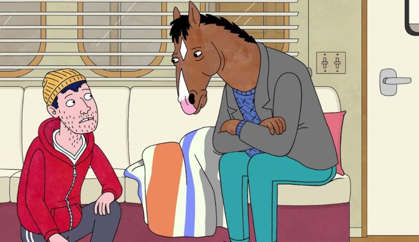 A cartoon of a man talking to a horse.