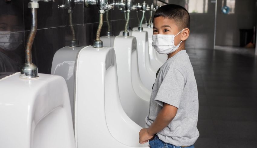 A young boy wearing a face mask in front of urinals.