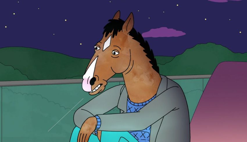 A cartoon horse sitting on a couch at night.