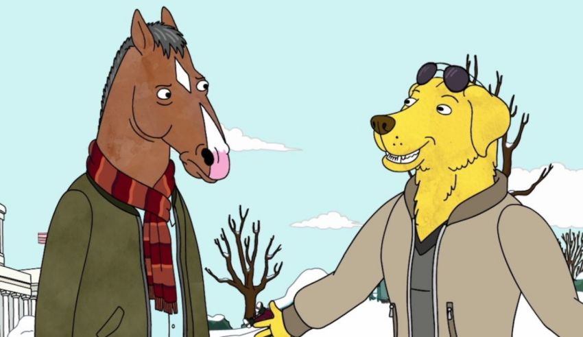 A cartoon of a man and a horse talking.