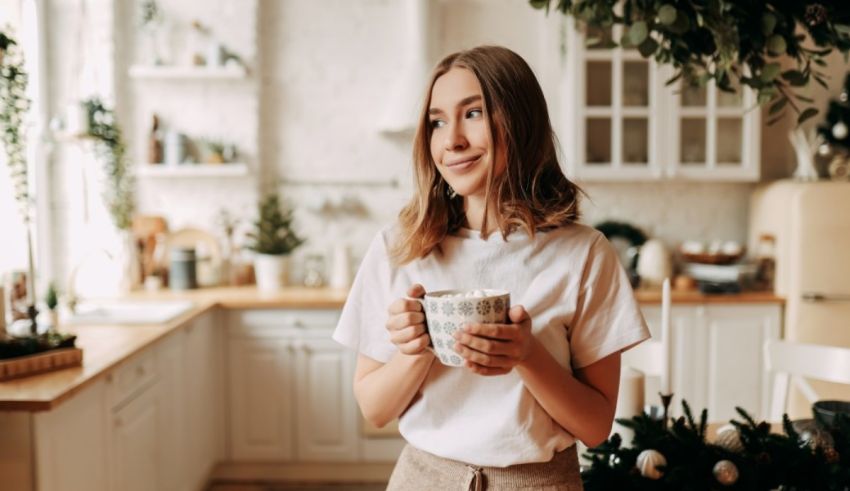 A young woman is holding a cup of coffee in a kitchen.