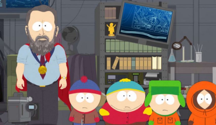 A group of people standing in front of a room in south park.