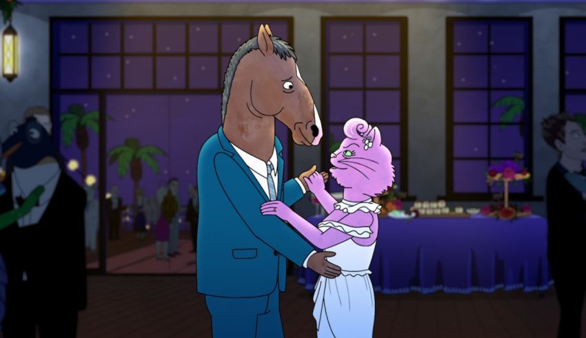 A cartoon horse is kissing a woman at a party.