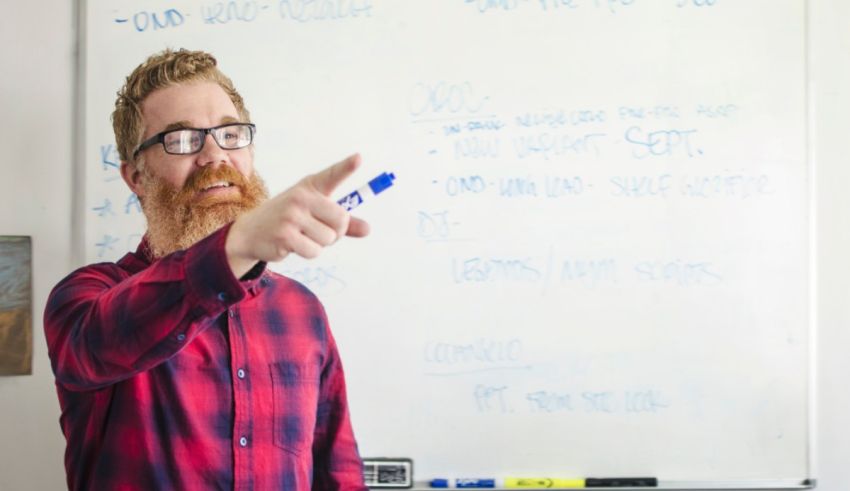 A man with a beard pointing at a whiteboard.