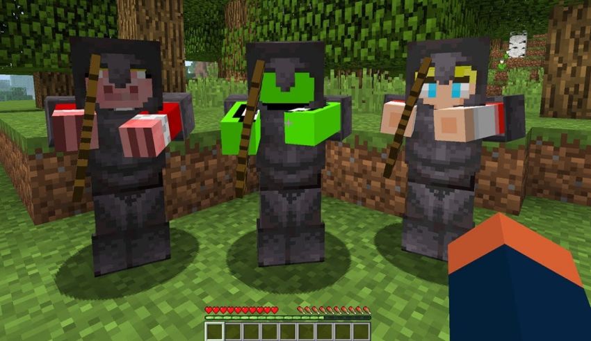 A group of minecraft characters standing in front of a tree.