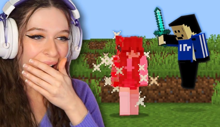 A girl with headphones is holding a sword in minecraft.