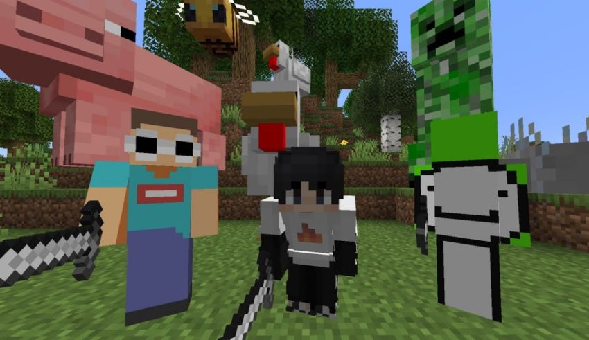 A group of minecraft characters standing next to each other.