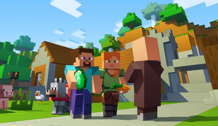 A group of people standing in front of a minecraft village.