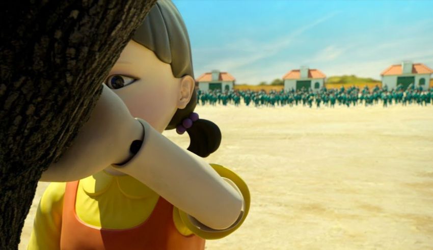 A girl is hiding behind a tree in an animated movie.