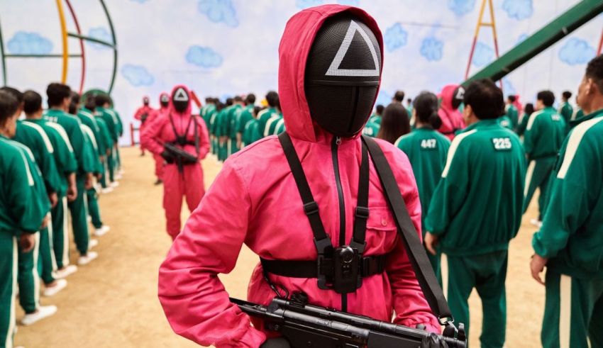 A man in a pink suit holding a gun.