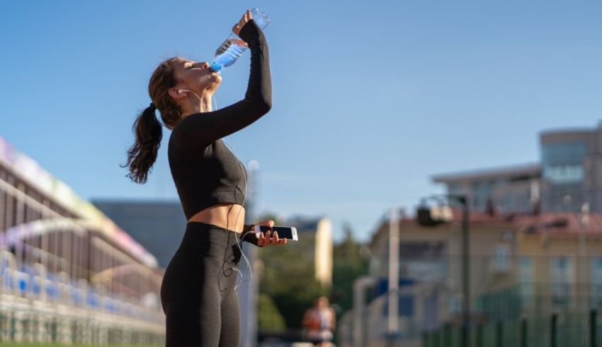 A woman is drinking water from a bottle on a sports field.