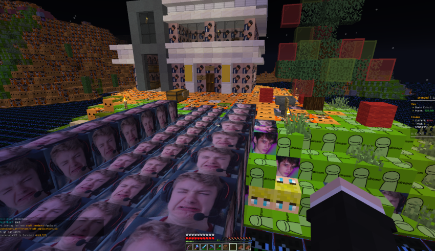 A screenshot of a minecraft game with a lot of faces.