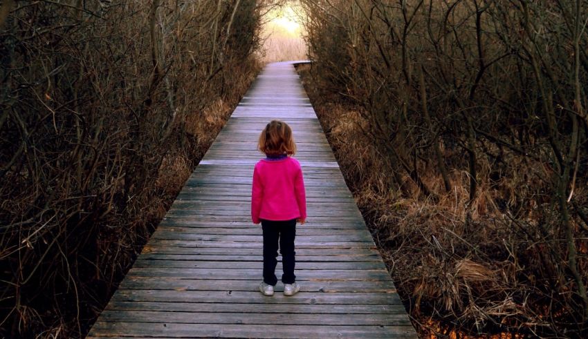 A girl is standing on a wooden walkway in the woods.