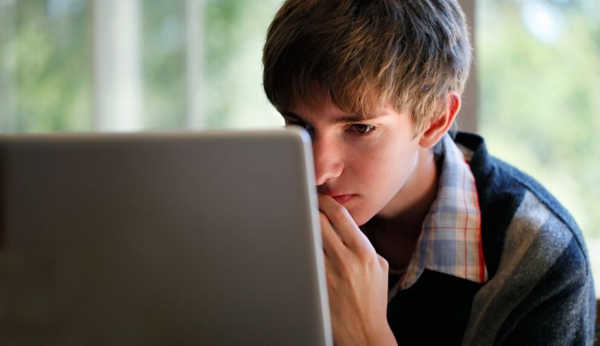 A young boy looking at a laptop screen.