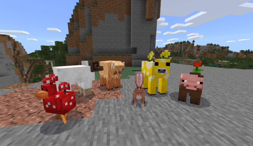 A group of animals in a minecraft world.