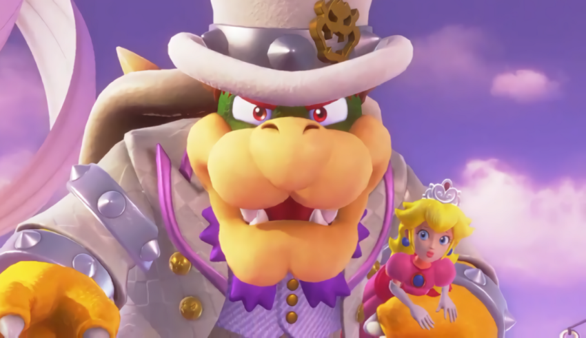 A nintendo character in a hat with a princess.