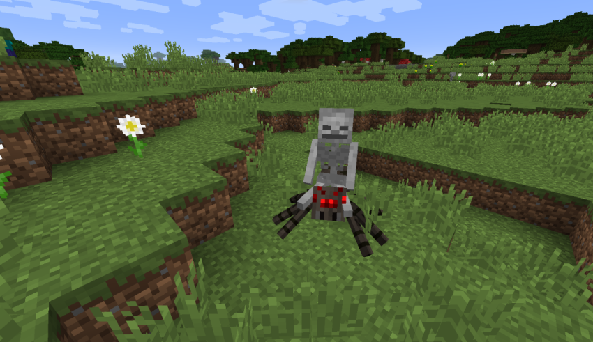 An image of a minecraft robot in a field.