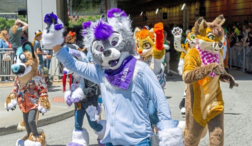 A group of people dressed in animal costumes walking down the street.