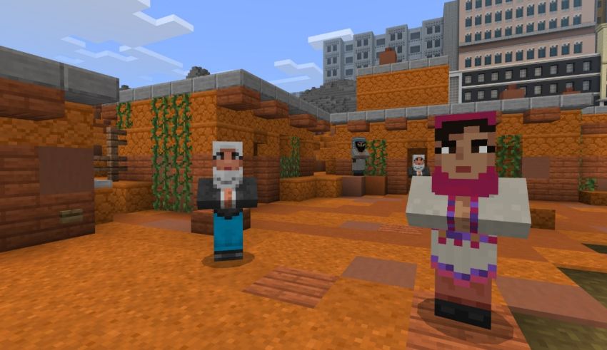 A couple of people standing in a minecraft scene.