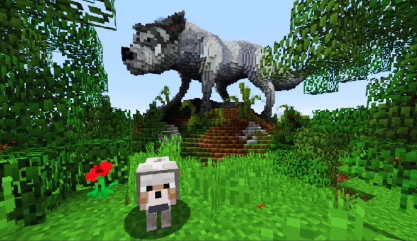 A screenshot of a minecraft game with a wolf in the background.