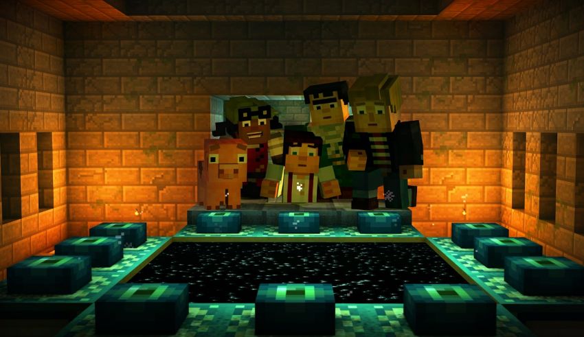 A group of people in a minecraft room.