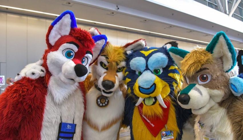 A group of fox mascots posing for a photo.