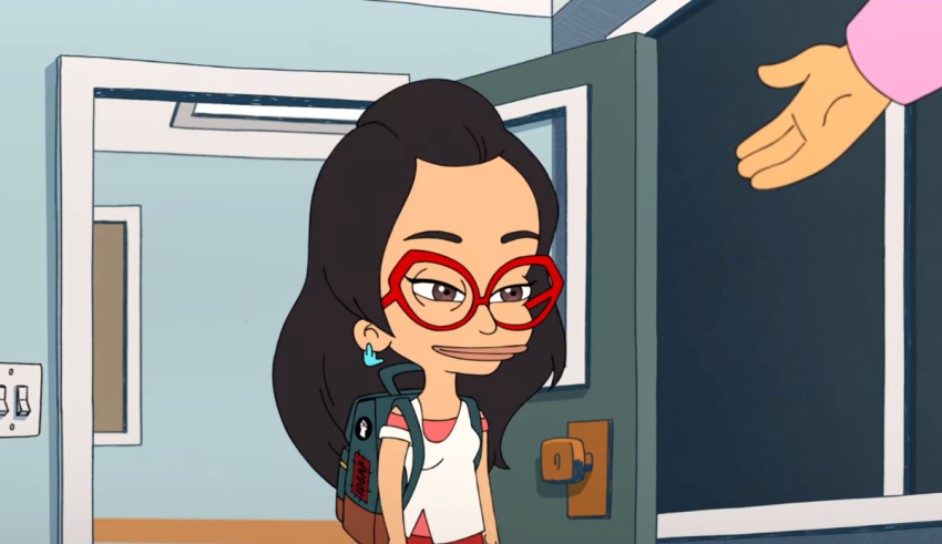 A cartoon girl in glasses is standing in front of a door.