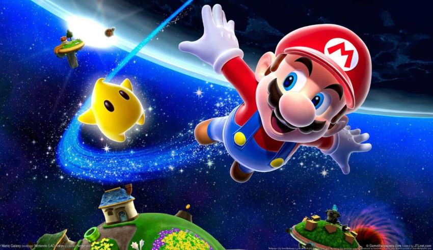 Nintendo mario is flying in space with a star in the background.