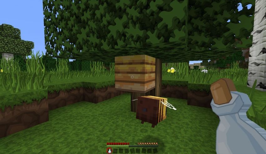 A screenshot of a minecraft game with a tree in the background.