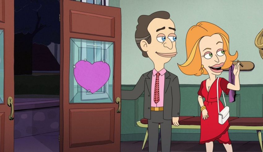 A cartoon man and woman standing in front of a door.