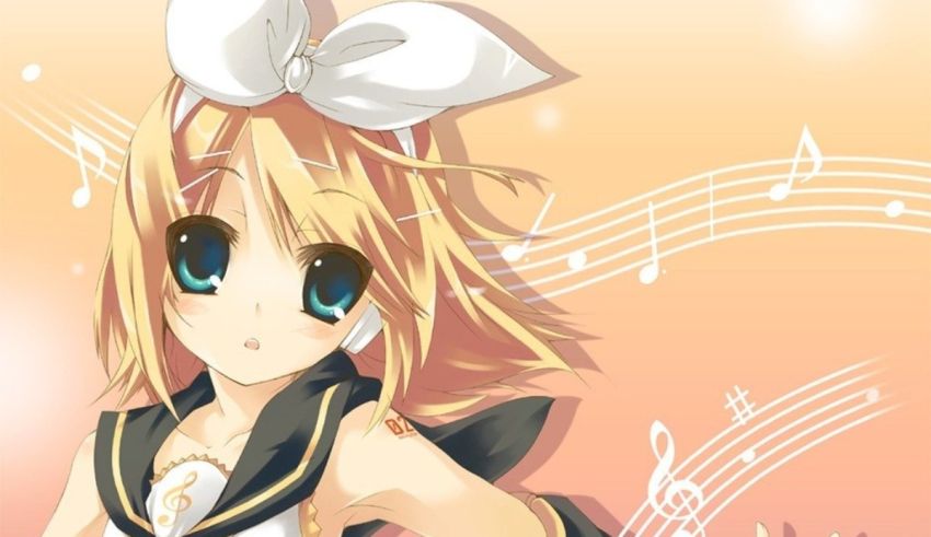 An anime girl in a white dress with music notes.