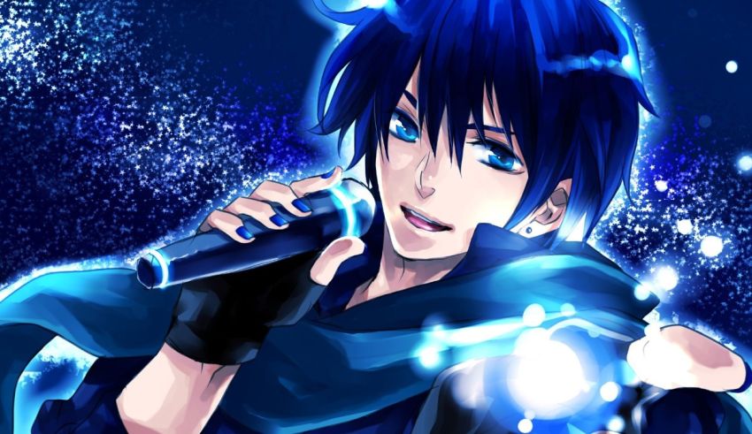 An anime character with blue hair holding a microphone.