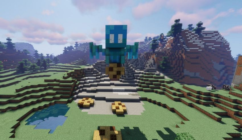 An image of a minecraft map with a blue bird flying in the air.