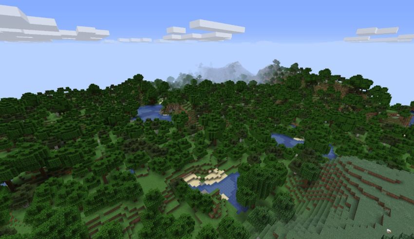 An aerial view of a forest in minecraft.